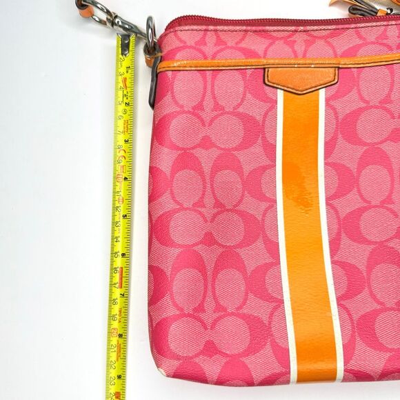 Coach Signature Stripe Crossbody Bag Pink Orange Canvas Leather Trim - Picture 7 of 8